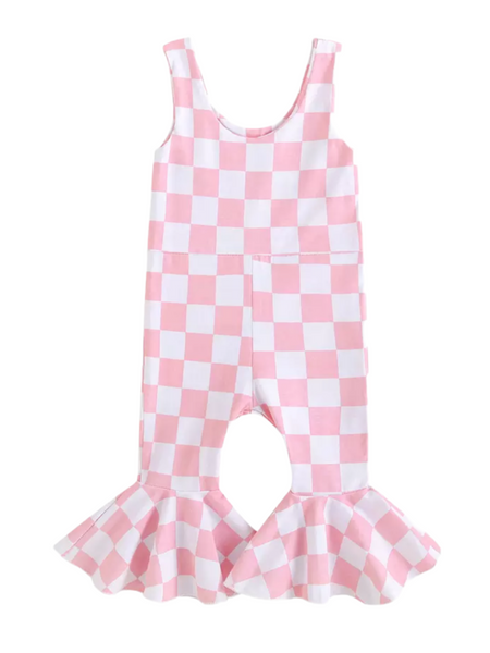 pink checker flared jumpsuit (3T)